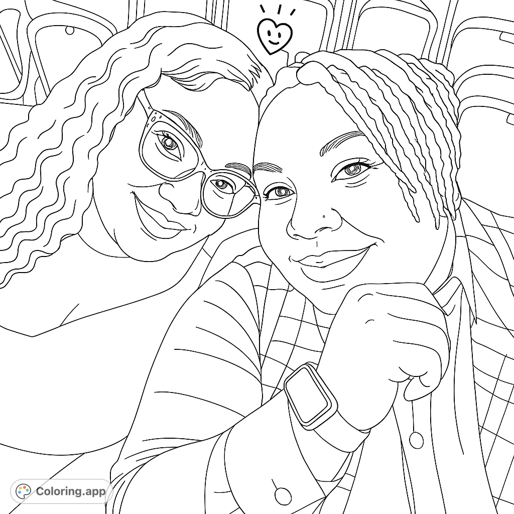 A heartwarming portrait of two smiling women, perfect for a friendship coloring page. Features glasses, dreadlocks, and a smartwatch, with a cute heart icon.
