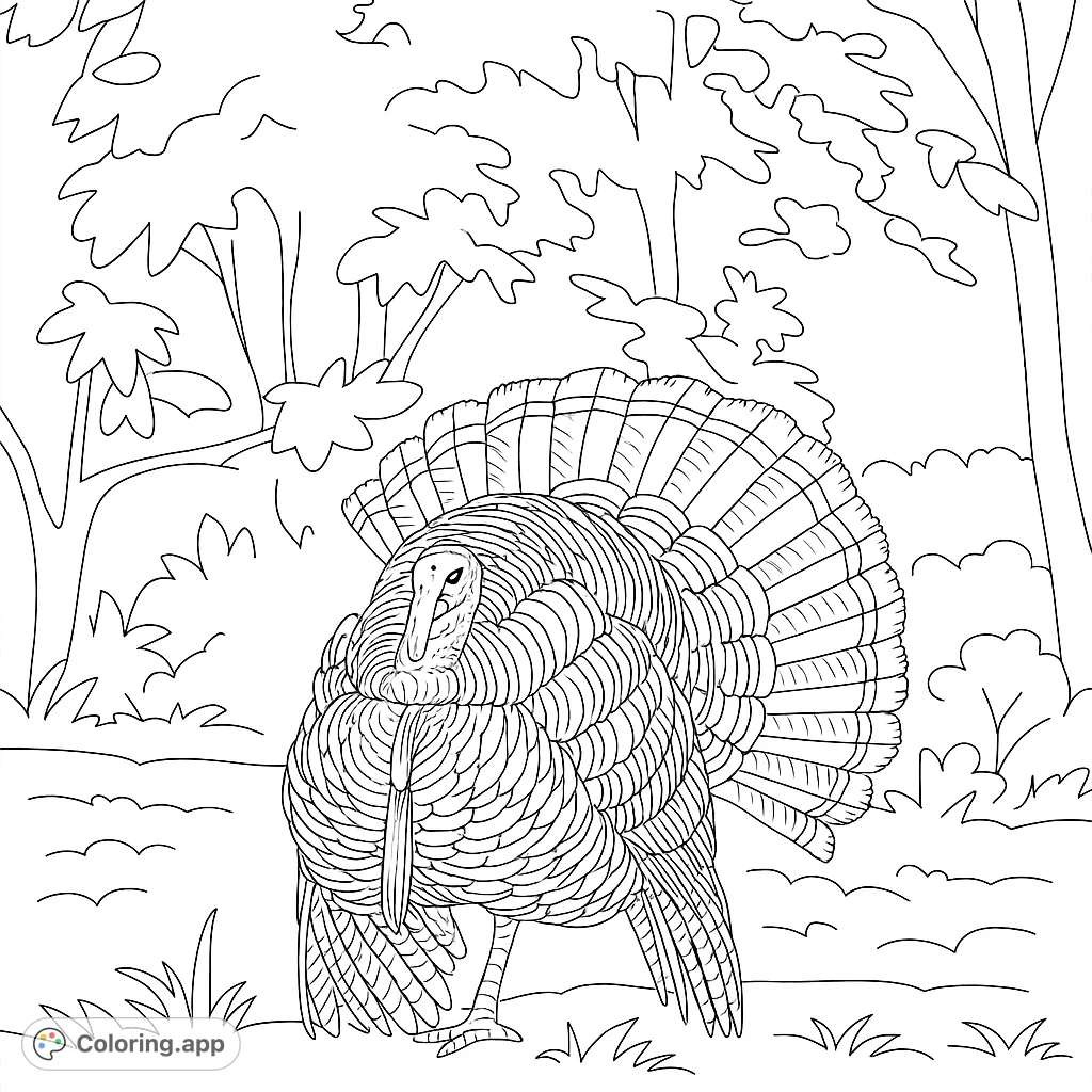 A proud turkey with fanned tail feathers stands in a detailed forest, ready for vibrant coloring. Perfect for nature and Thanksgiving themes.