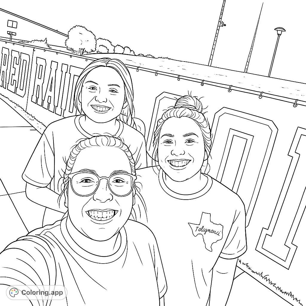 Three smiling friends capture a joyful selfie at a stadium, with bold team lettering in the background. A fun, free printable sports fan coloring page.
