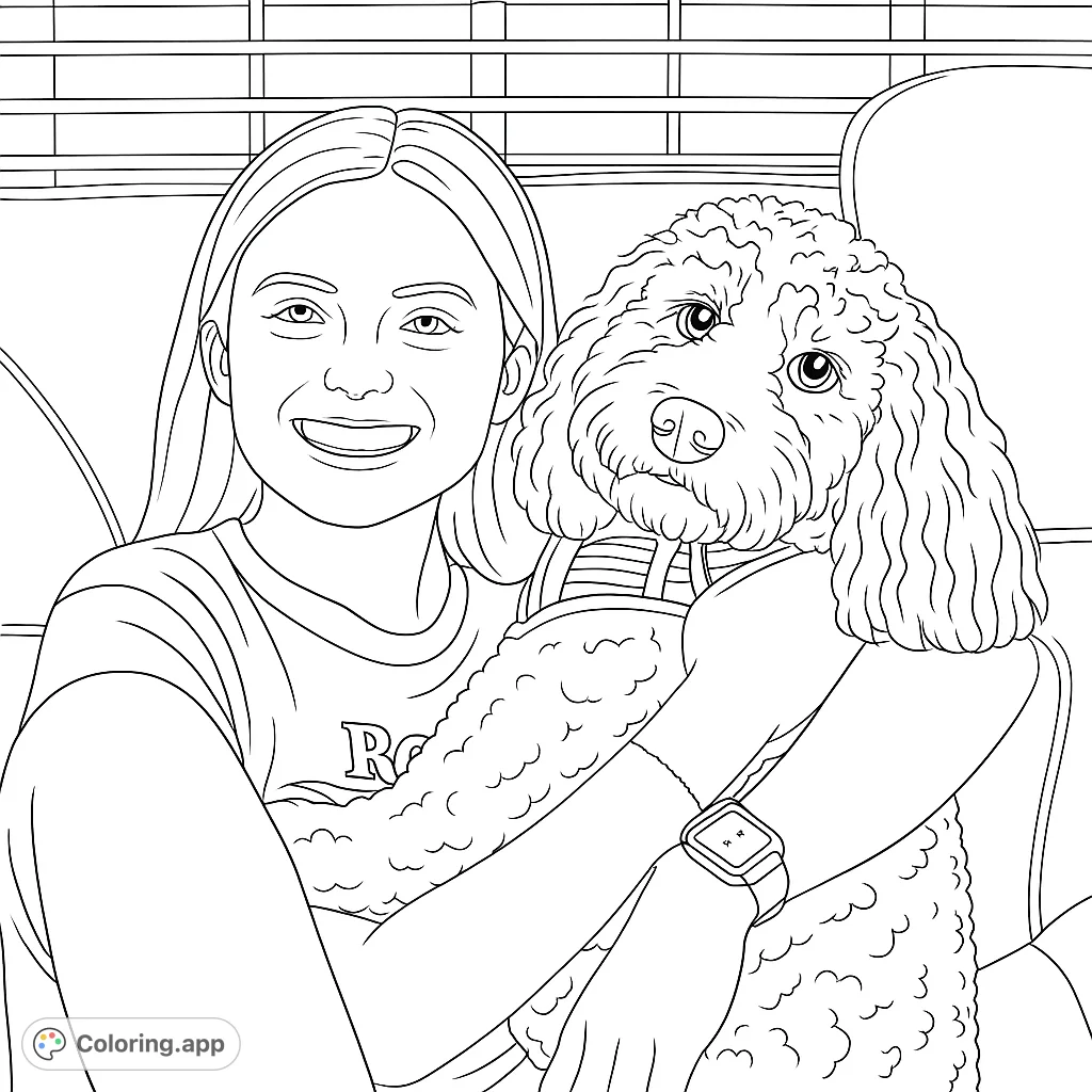 A heartwarming free printable coloring page featuring a smiling girl hugging her fluffy pet dog. Perfect for kids and adults who love animals and friendship.