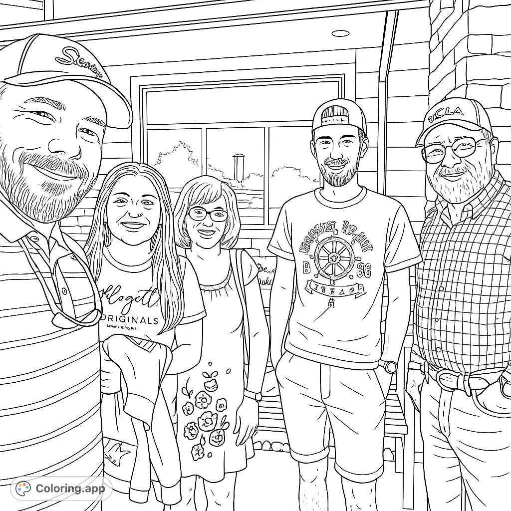A heartwarming group portrait coloring page featuring five smiling individuals with detailed clothing and a building background. Perfect for all ages.