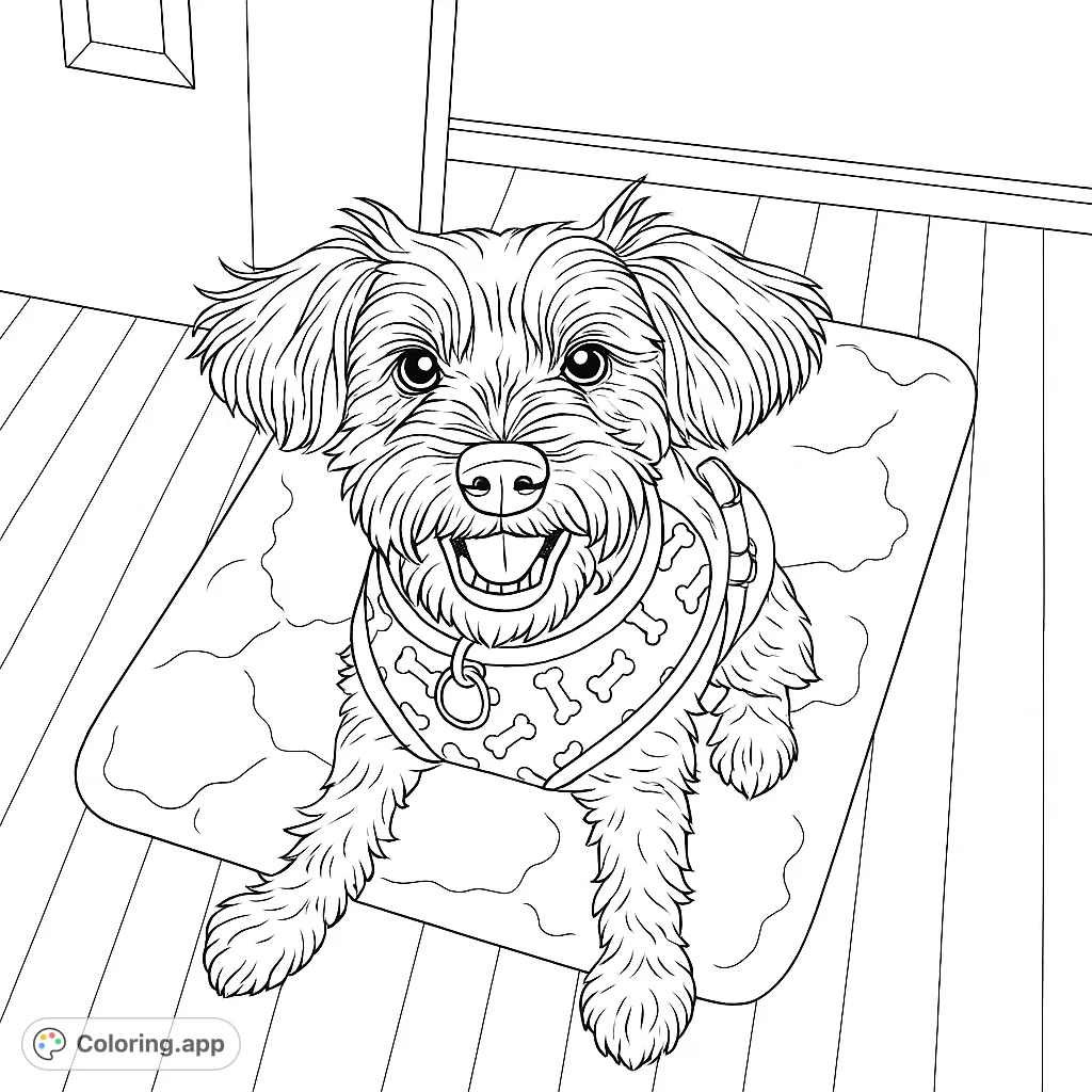 An adorable fluffy dog with a happy smile, wearing a bone-patterned harness, sitting on its mat. A charming free printable coloring page for pet lovers!
