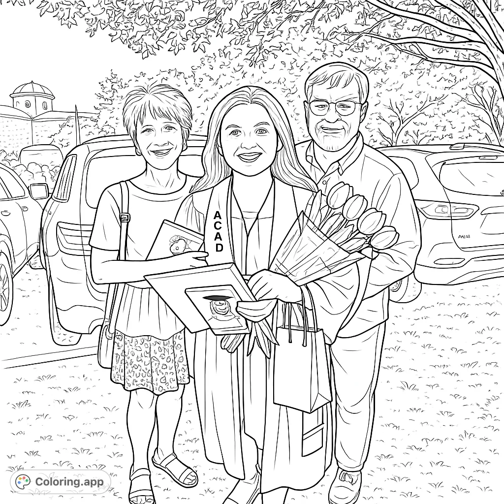Celebrate achievement with this graduation family coloring page. Features a graduate, family, diploma, and flowers, perfect for commemorating special moments.