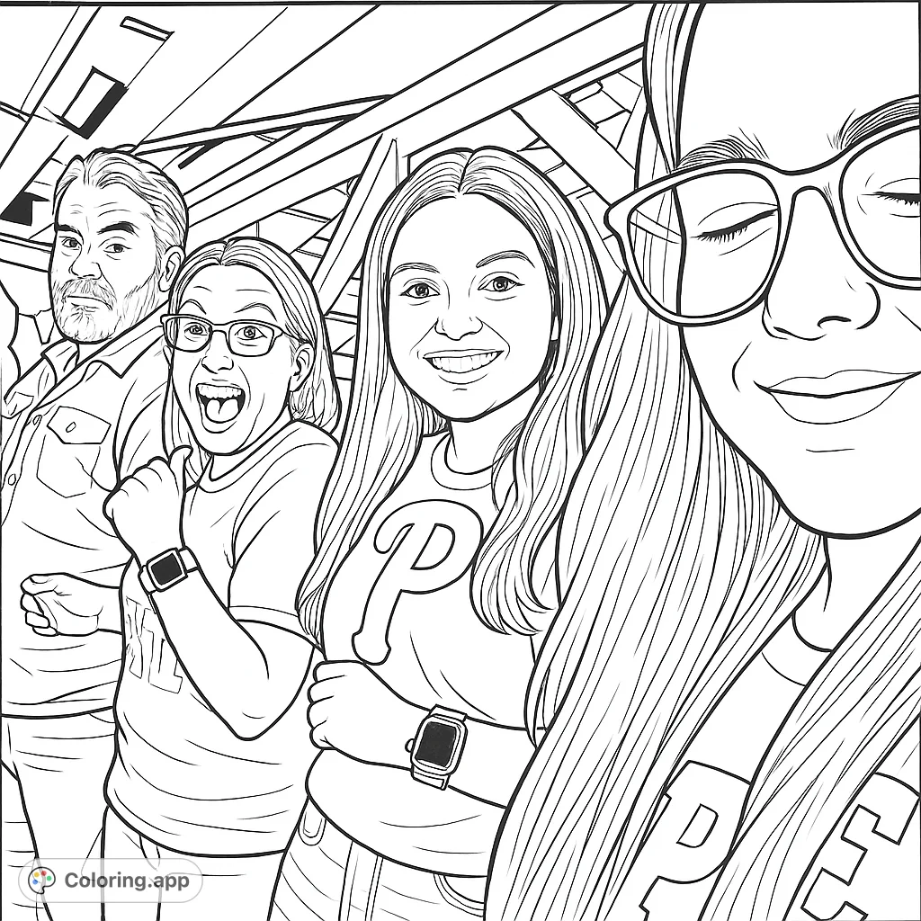 A lively group selfie featuring four smiling individuals, including a man, two young women, and a girl, with a dynamic background of structural lines. Perfect for a free printable coloring page.