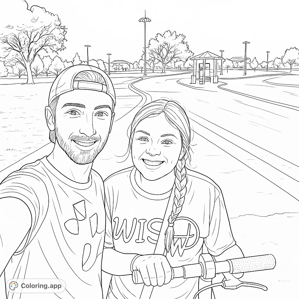 Capture joy with this free printable park selfie coloring page featuring a happy couple and scenic park background. Perfect for all ages!