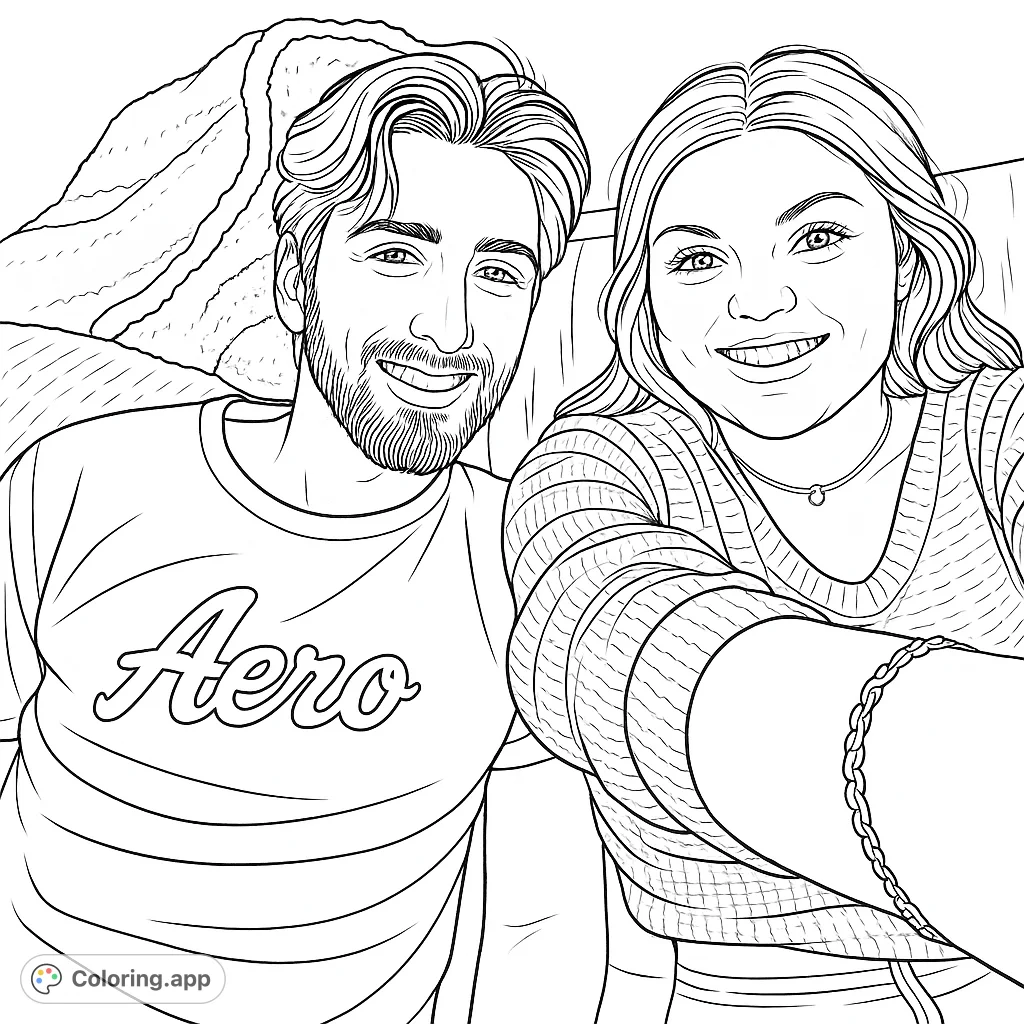 A joyful couple smiles for a portrait, featuring detailed hair, clothing textures, and a warm, inviting scene. Perfect for personalizing.