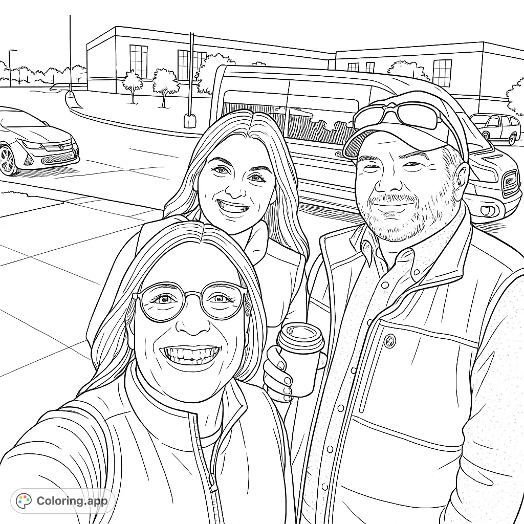 Capture joy with this group selfie coloring page featuring three smiling friends, a van, and a city background. Free printable coloring page for all ages.
