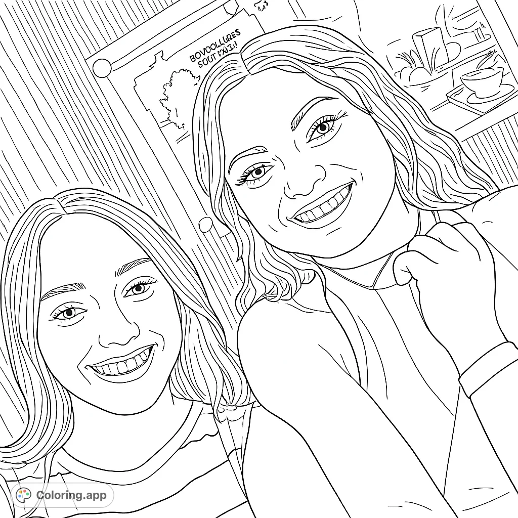 A joyful selfie coloring page featuring two smiling young women. Perfect for capturing friendship and happy moments.