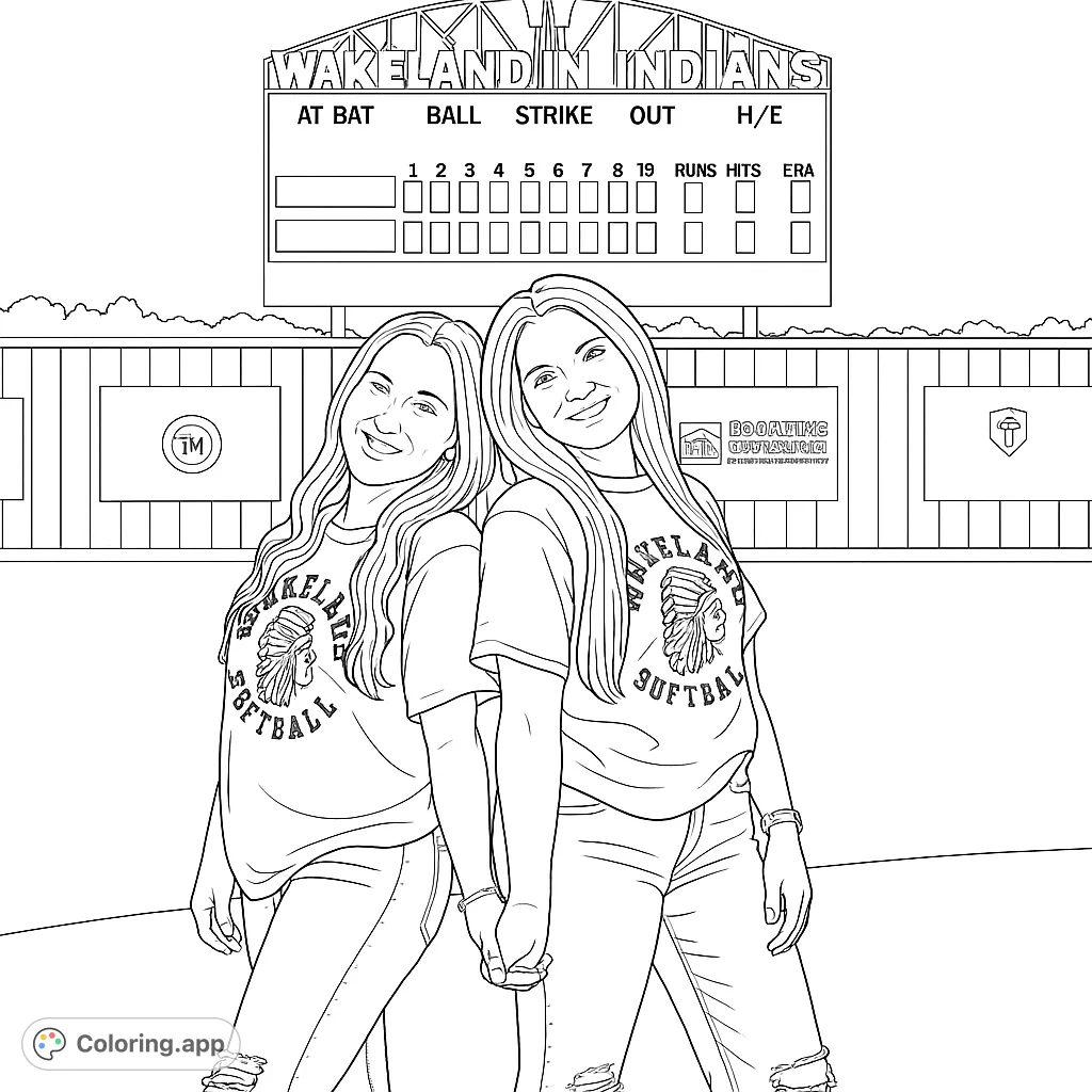 Two smiling softball players holding hands at the field, ready for a fun coloring session. Perfect for sports fans and friendship themes.