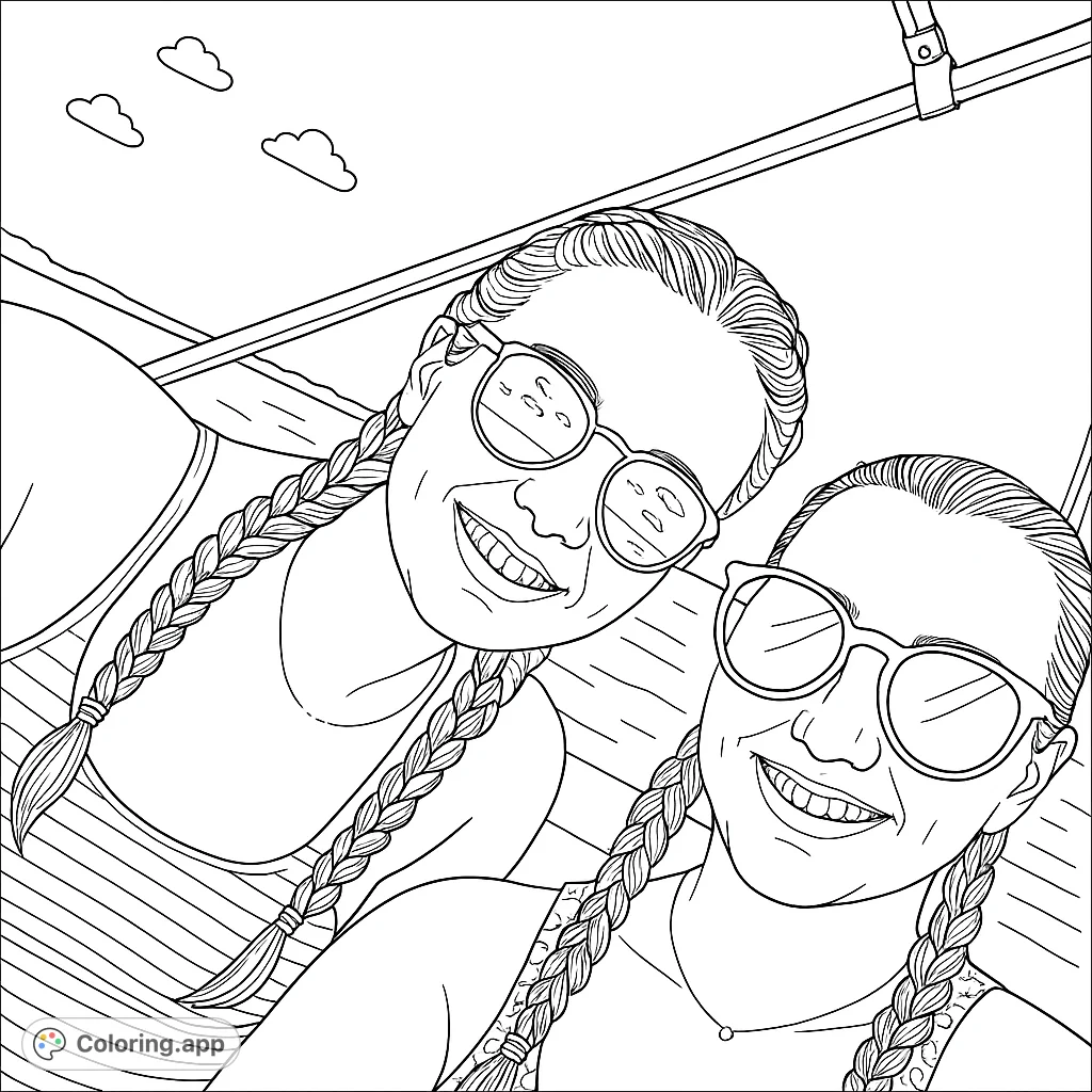 Two smiling friends with braids and sunglasses capture a sunny selfie, perfect for a joyful and free printable coloring page experience.