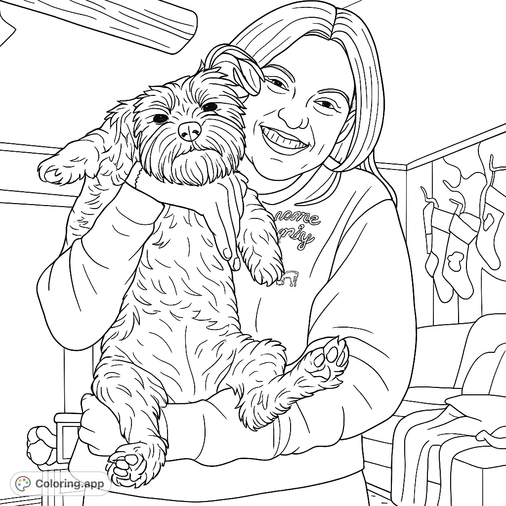A heartwarming scene of a smiling woman holding her fluffy dog in a cozy room with festive decorations. Perfect for pet lovers.
