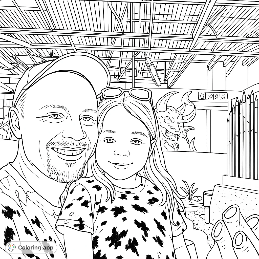 Capture a heartwarming father-daughter selfie moment with a unique, detailed background featuring a monster statue and intricate industrial ceiling.