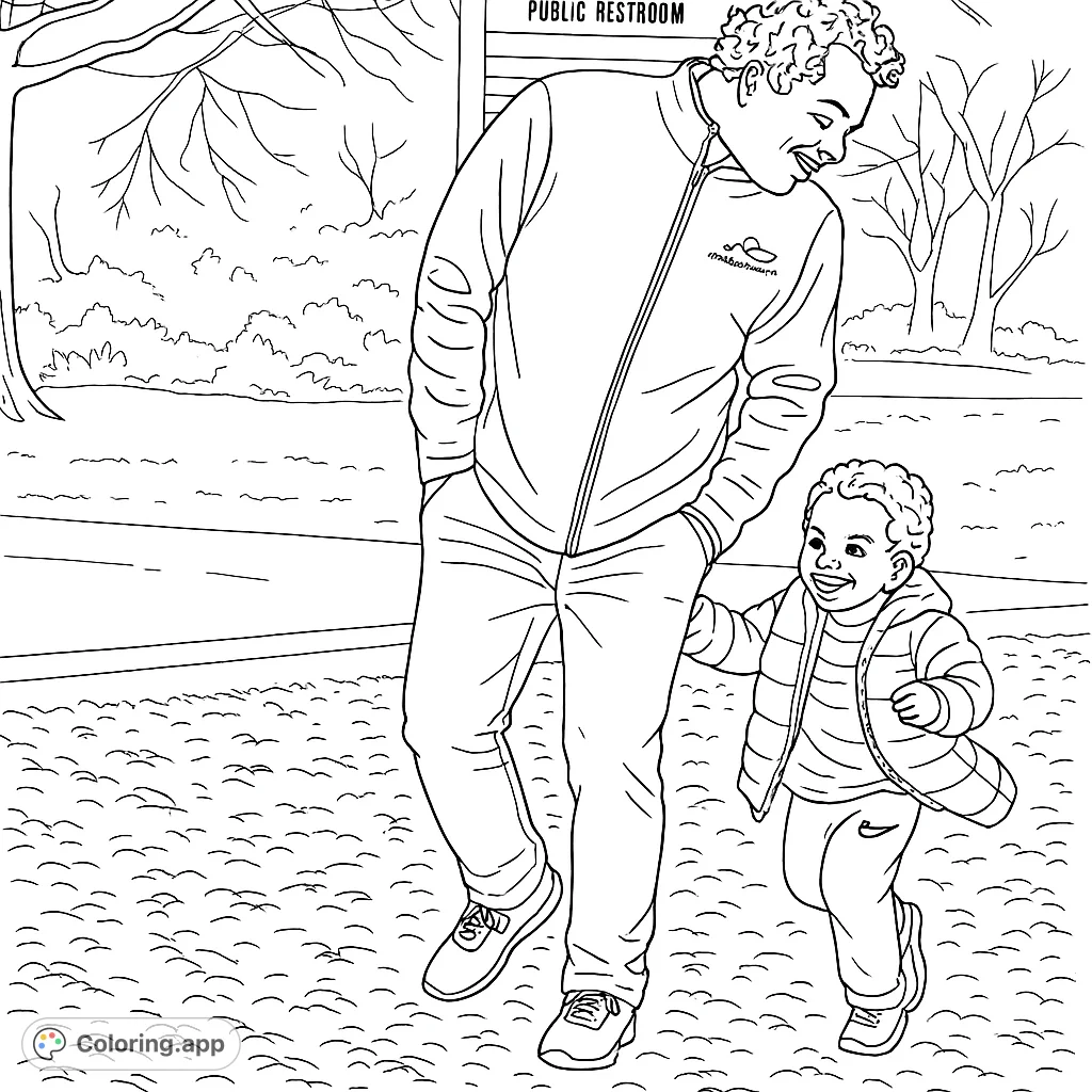 A heartwarming father and son walking hand-in-hand through a park, a free printable family coloring page for all ages.