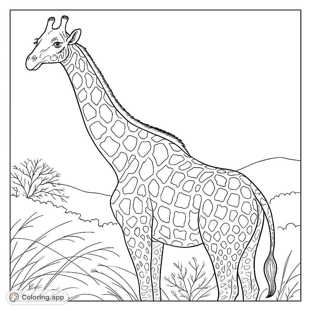A majestic giraffe stands in a savannah scene, featuring intricate patch patterns and a natural landscape. Perfect for a free printable safari coloring page.