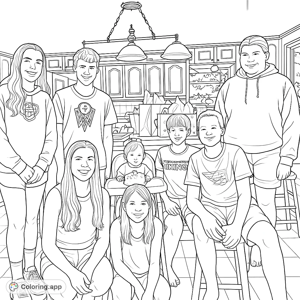 A heartwarming family gathering in a kitchen, featuring eight smiling individuals of all ages, perfect for a free printable coloring page.