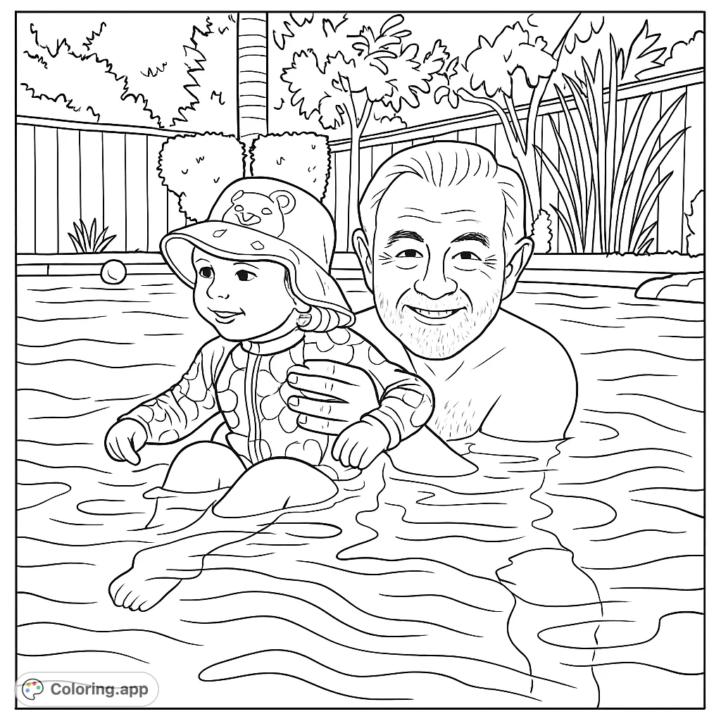 A heartwarming scene of a grandparent and baby enjoying a joyful swim in a pool, perfect for a relaxing coloring experience.
