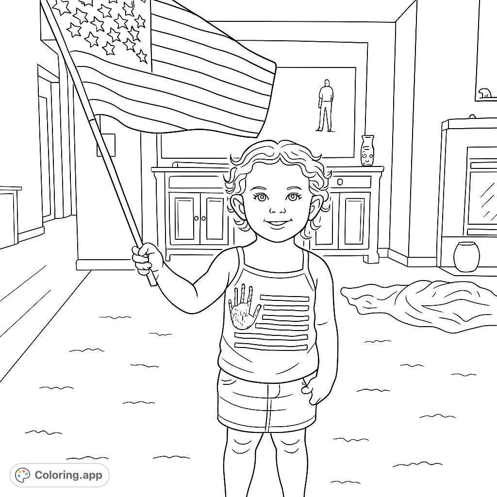 A joyful child proudly waves a large American flag, wearing a patriotic top and denim skirt. Perfect for celebrating national holidays and fostering patriotism.
