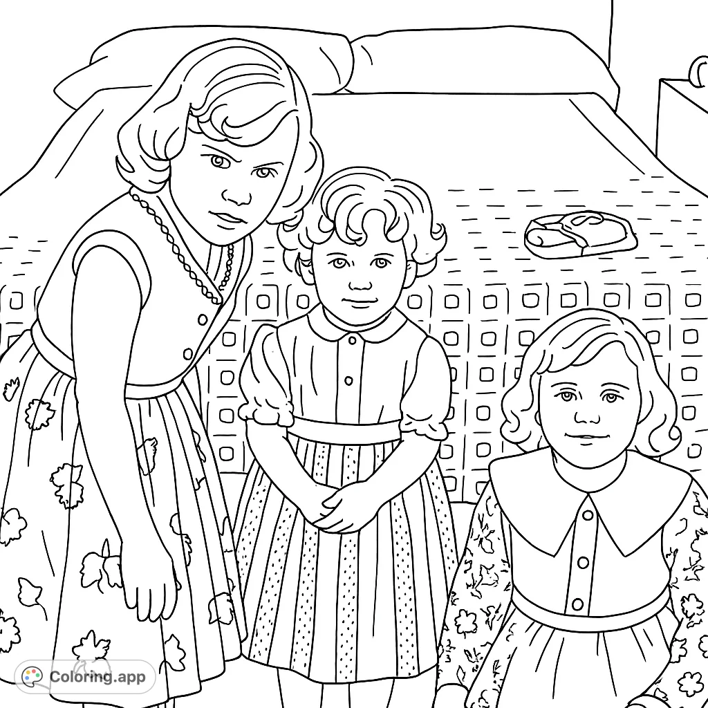 A vintage photo of three young girls in dresses, ready to be brought to life with color! A charming scene from the past.