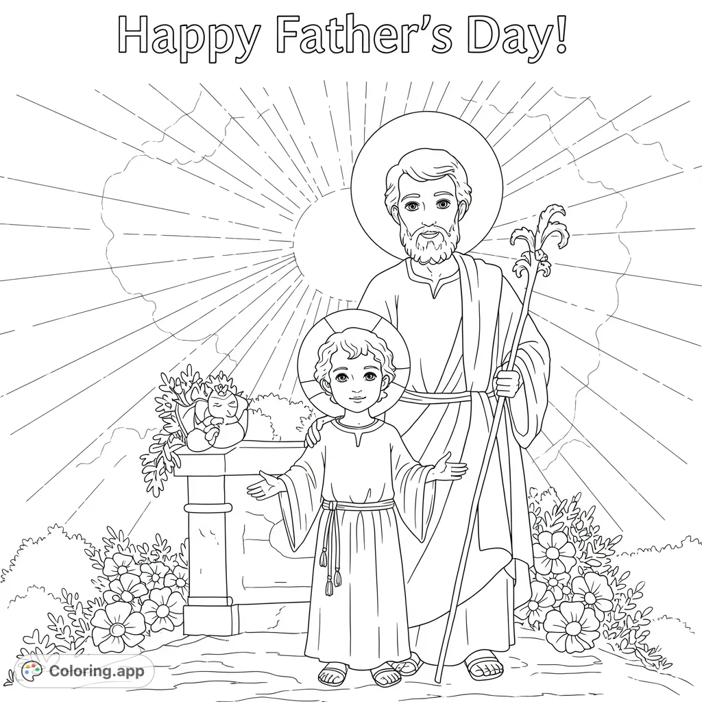 A serene religious coloring page featuring Saint Joseph and the Child Jesus with halos, a lily staff, and a lamb, perfect for spiritual reflection.
