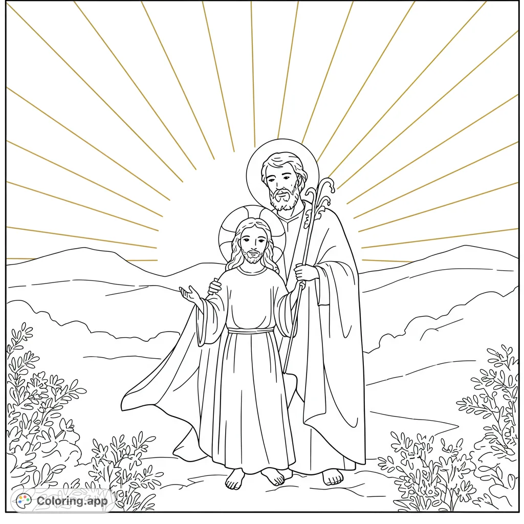 A beautiful religious coloring page featuring Saint Joseph and young Jesus, perfect for spiritual reflection. Free printable Christian coloring page for kids and adults.