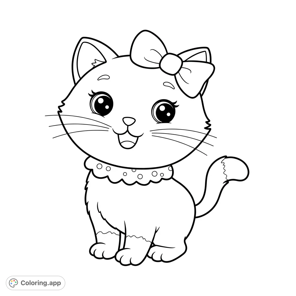 An adorable cartoon kitten with a big bow and ruffled collar, featuring large expressive eyes, perfect for a charming coloring experience.