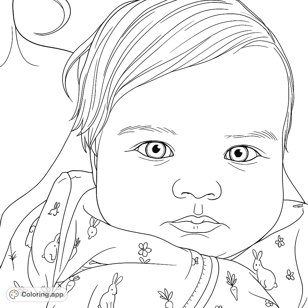 Capture the innocence of childhood with this adorable baby portrait coloring page. Features a sweet infant wrapped in a charming bunny-patterned blanket.