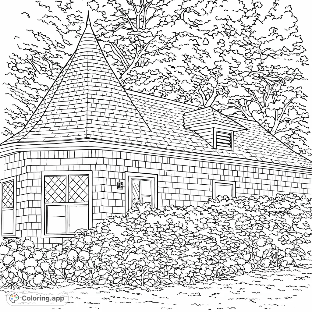 An intricate architectural building with a distinctive conical shingle roof, surrounded by lush bushes and trees, perfect for detailed coloring.