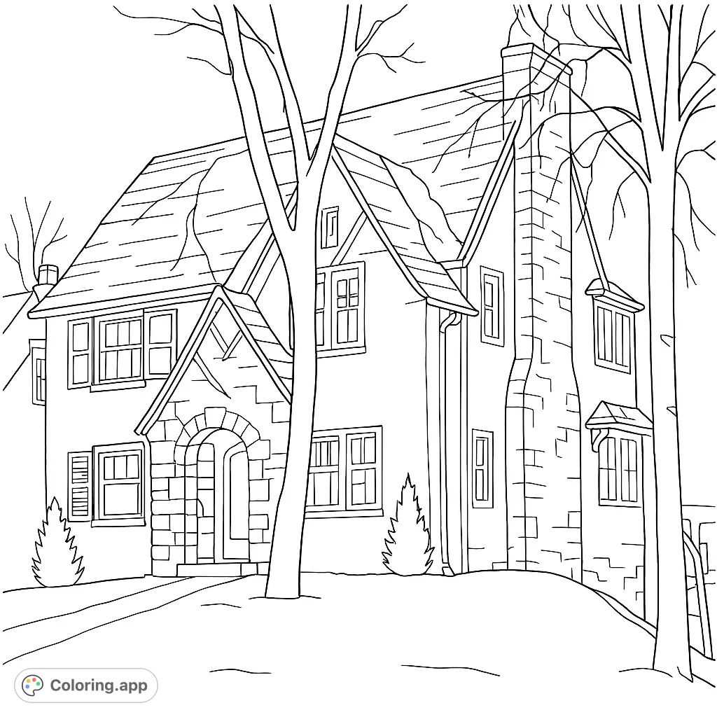 A detailed house coloring page featuring a charming gabled house with stone accents and bare trees, perfect for a free printable coloring page.
