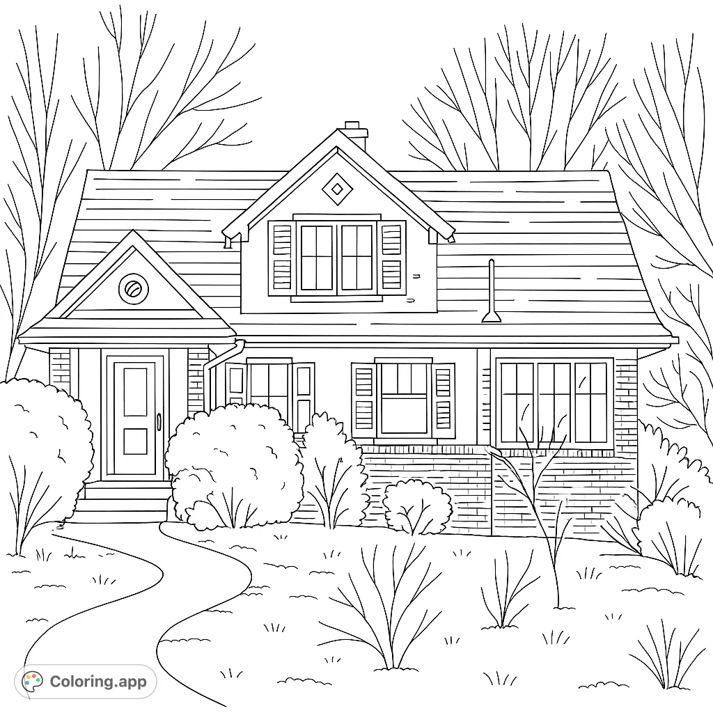 A delightful house coloring page featuring a charming home with a shingled roof, detailed windows, and a winding garden path, perfect for all ages.