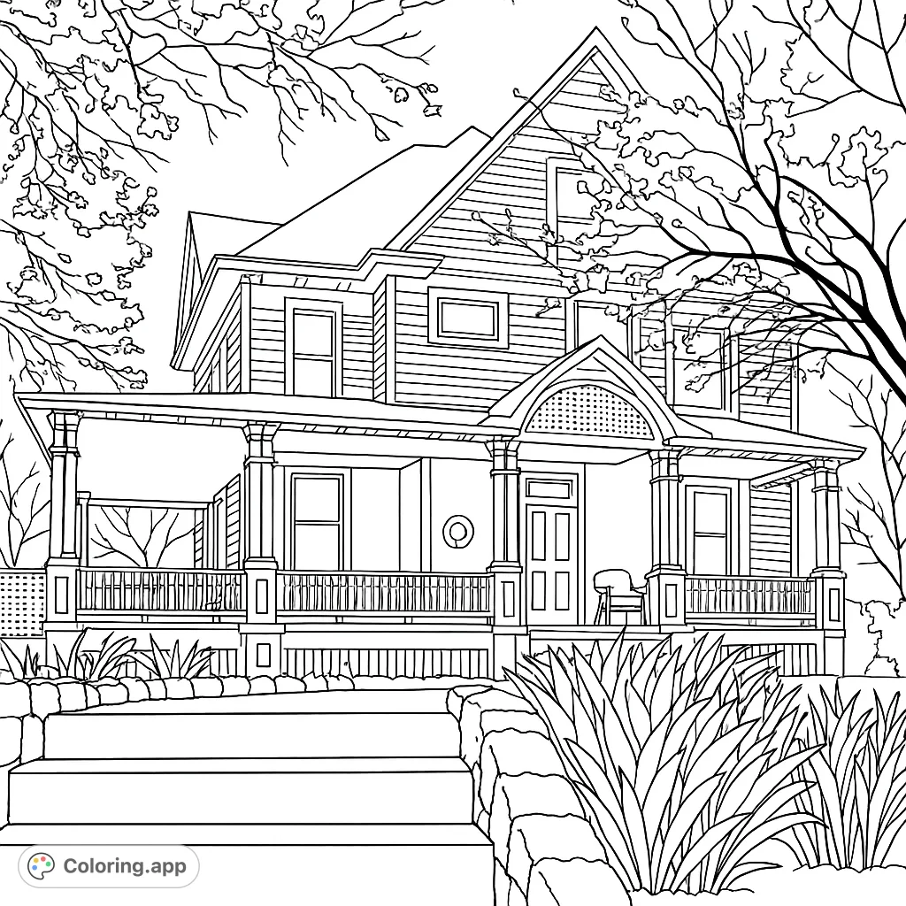 Color a beautiful Victorian house with a grand porch, intricate details, and lush garden elements. A delightful architectural coloring page.