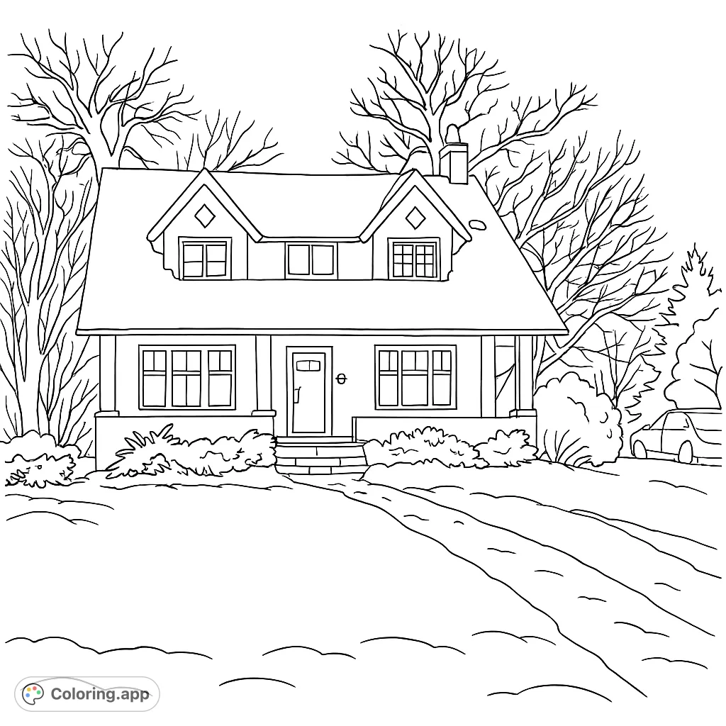 Cozy winter home coloring page. A charming house covered in snow, perfect for a relaxing coloring activity.