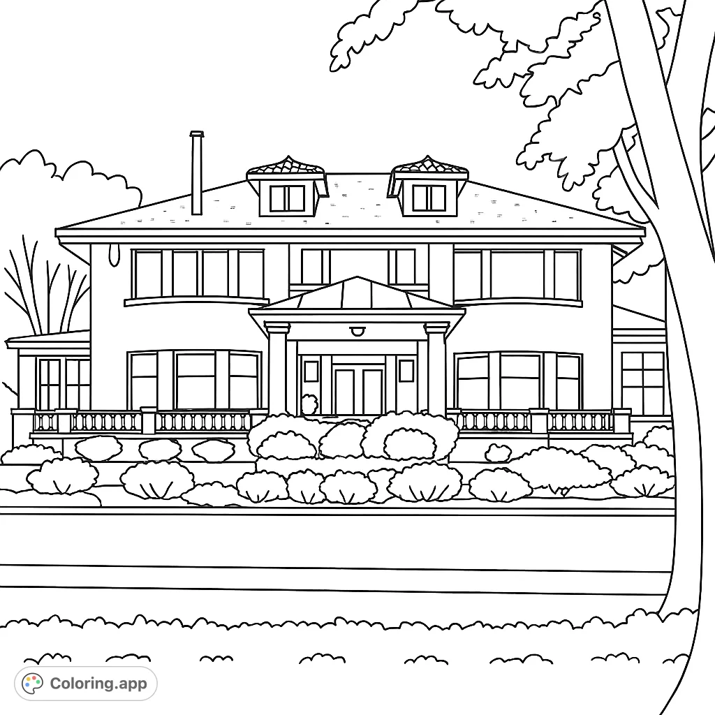 Color a beautiful, classic house with intricate details, lush bushes, and a grand tree. A perfect free printable house coloring page for all ages.