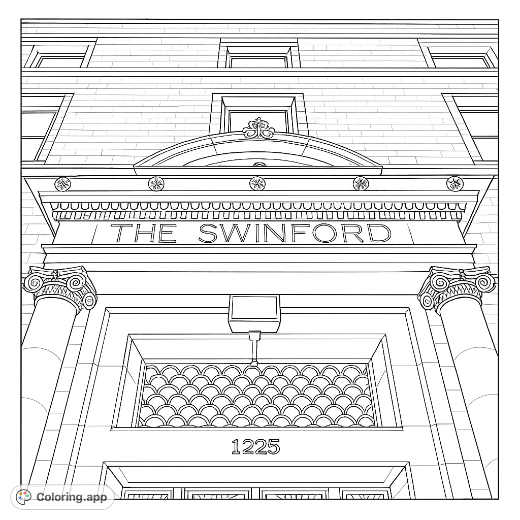 Explore a grand architectural building facade with intricate details, classical columns, and ornate archways. A detailed architectural coloring page.