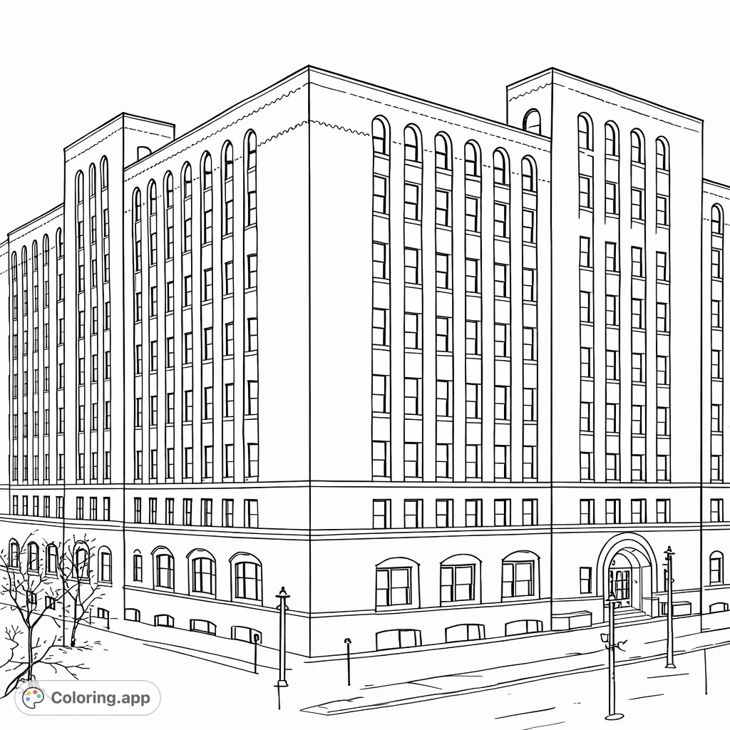 Explore a historic city building with intricate architectural details, arched windows, and a snowy urban setting. A detailed architectural coloring page.