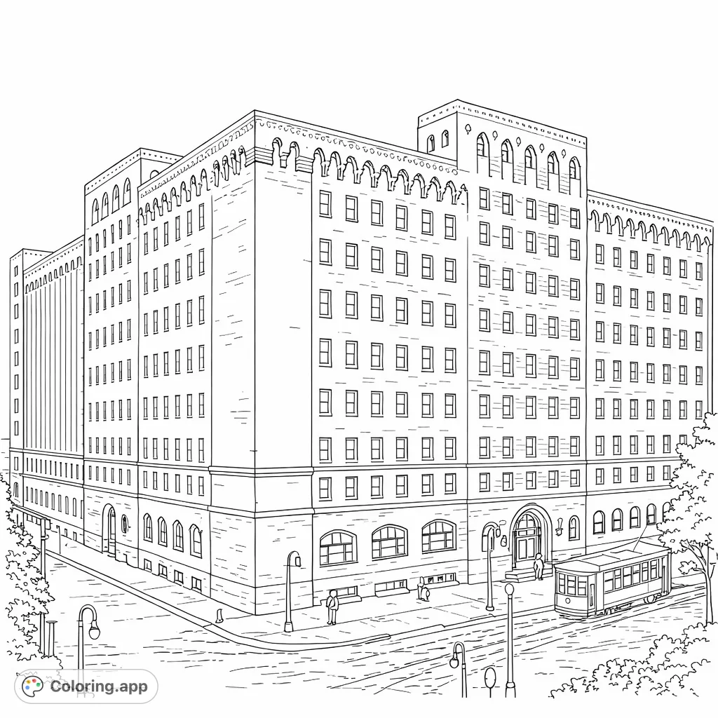 Color this detailed historical building with intricate brickwork, numerous windows, and a lively street scene, including a classic streetcar.