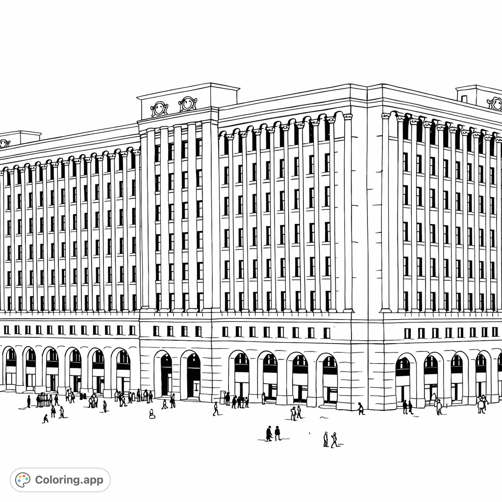 Explore a grand urban architectural facade with intricate details, numerous windows, and arched entrances, offering a challenging and rewarding coloring experience.