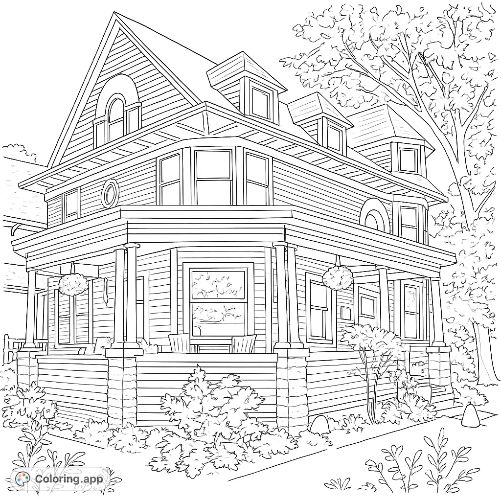 Detailed Victorian house coloring page with intricate architectural features, a grand porch, and lush garden elements. Free printable for all ages.
