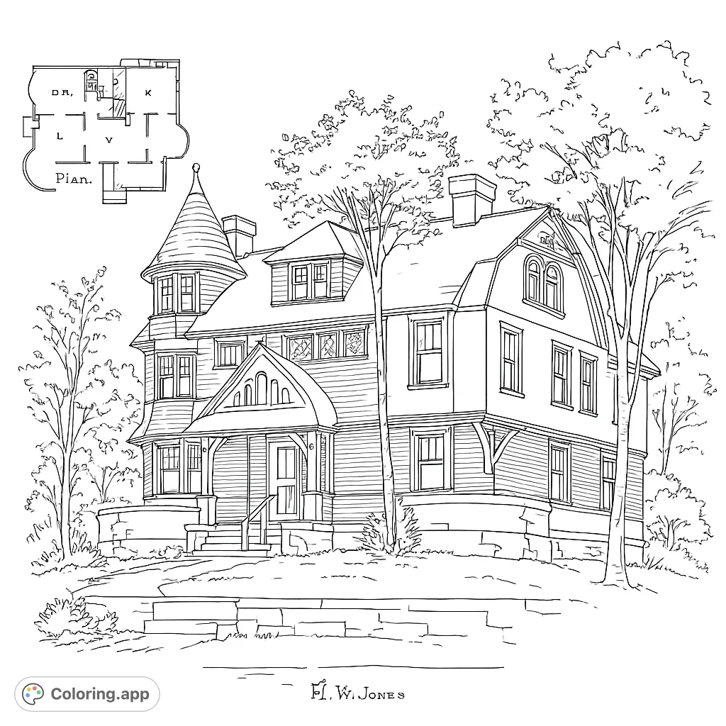 Detailed Victorian home coloring page featuring a grand house with a turret, intricate windows, and surrounding trees, perfect for architectural enthusiasts.