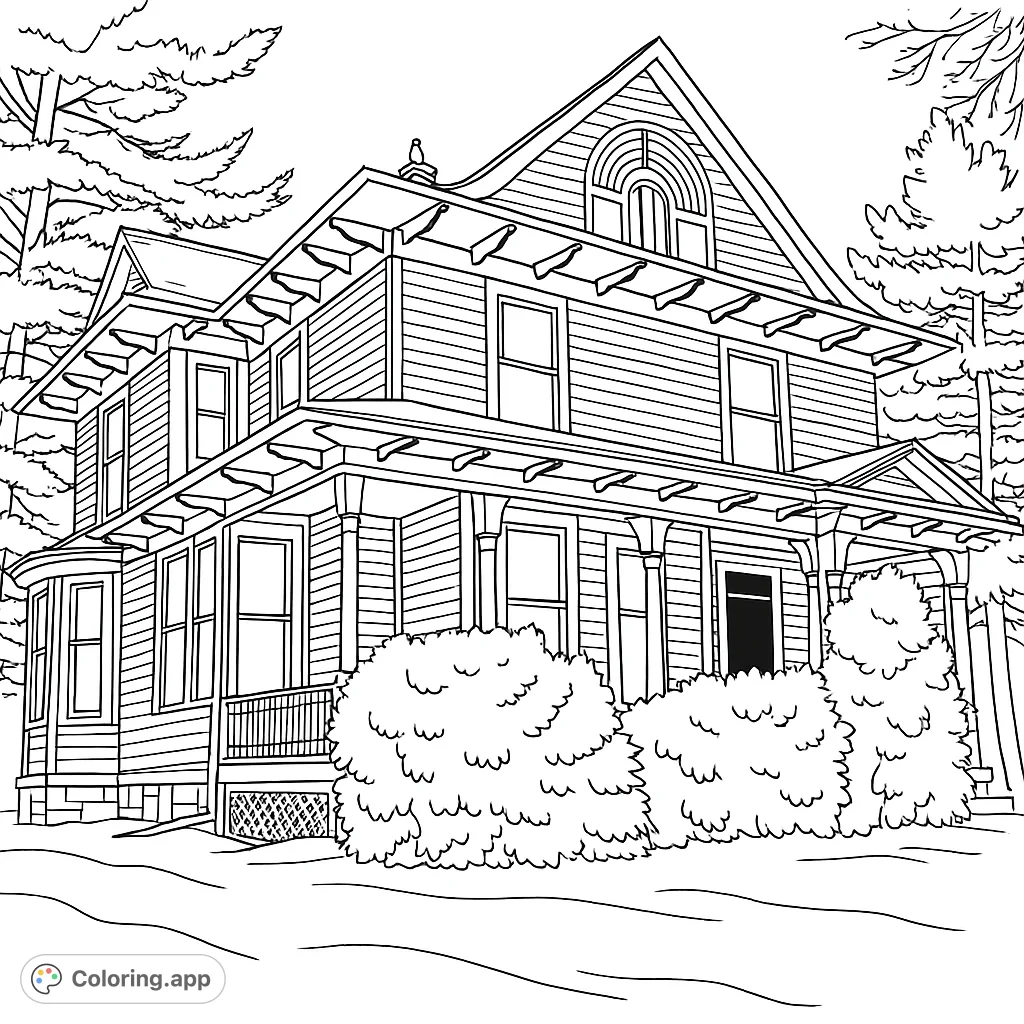 Color a charming Victorian house with intricate details, a welcoming porch, and surrounding evergreen trees. A free printable house coloring page for all ages.
