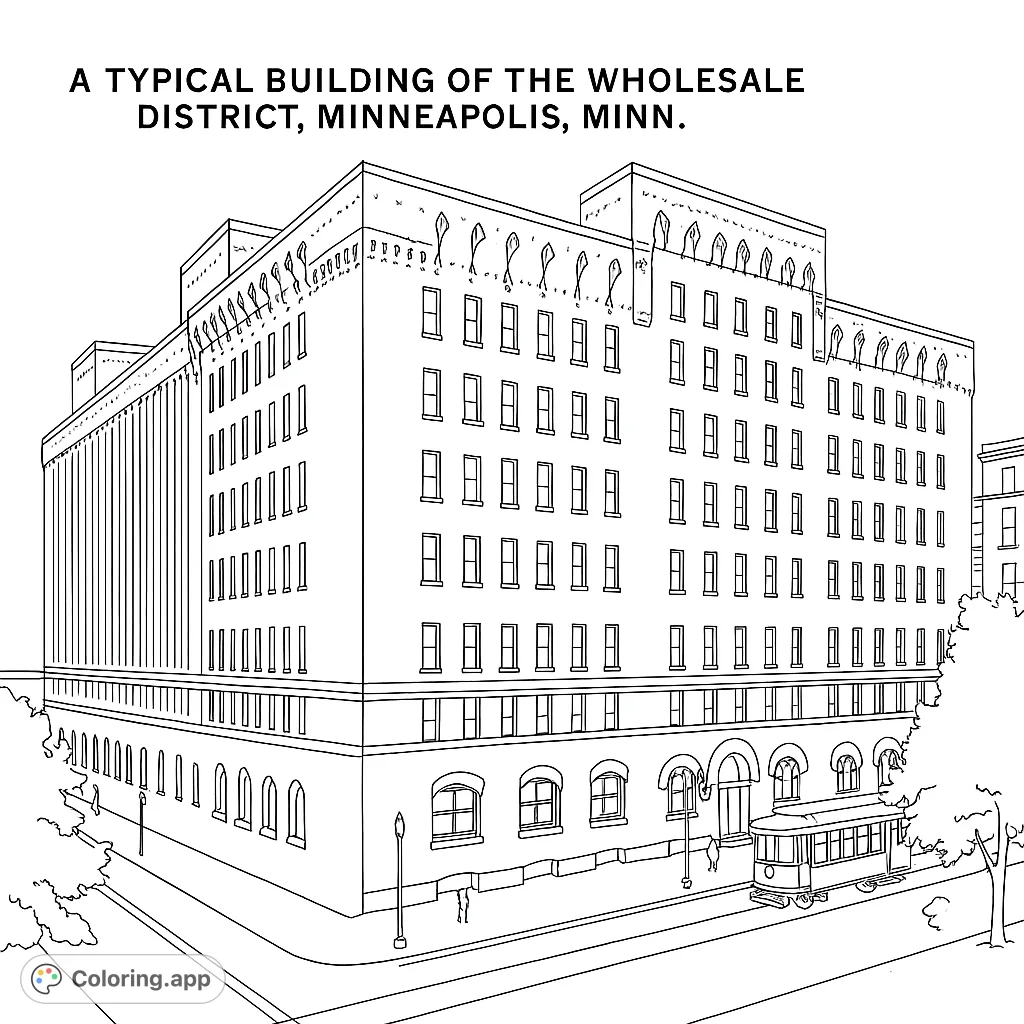 Explore a detailed historic city building coloring page featuring a grand facade, vintage streetcar, and charming street scene. A free printable urban adventure!