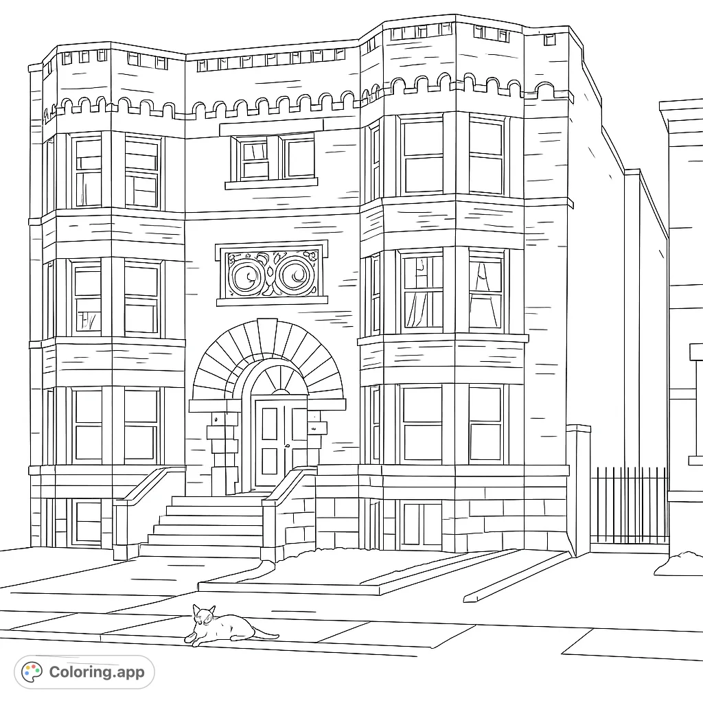 Color a grand urban building with bay windows, an arched entrance, and a decorative frieze. A relaxed cat rests on the sidewalk.