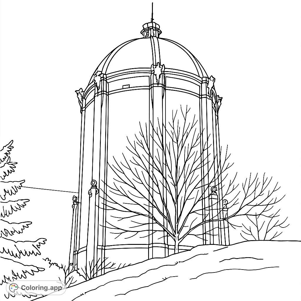 Color a grand domed tower with intricate architectural details, framed by a bare winter tree and rolling hills. A free printable architectural coloring page.