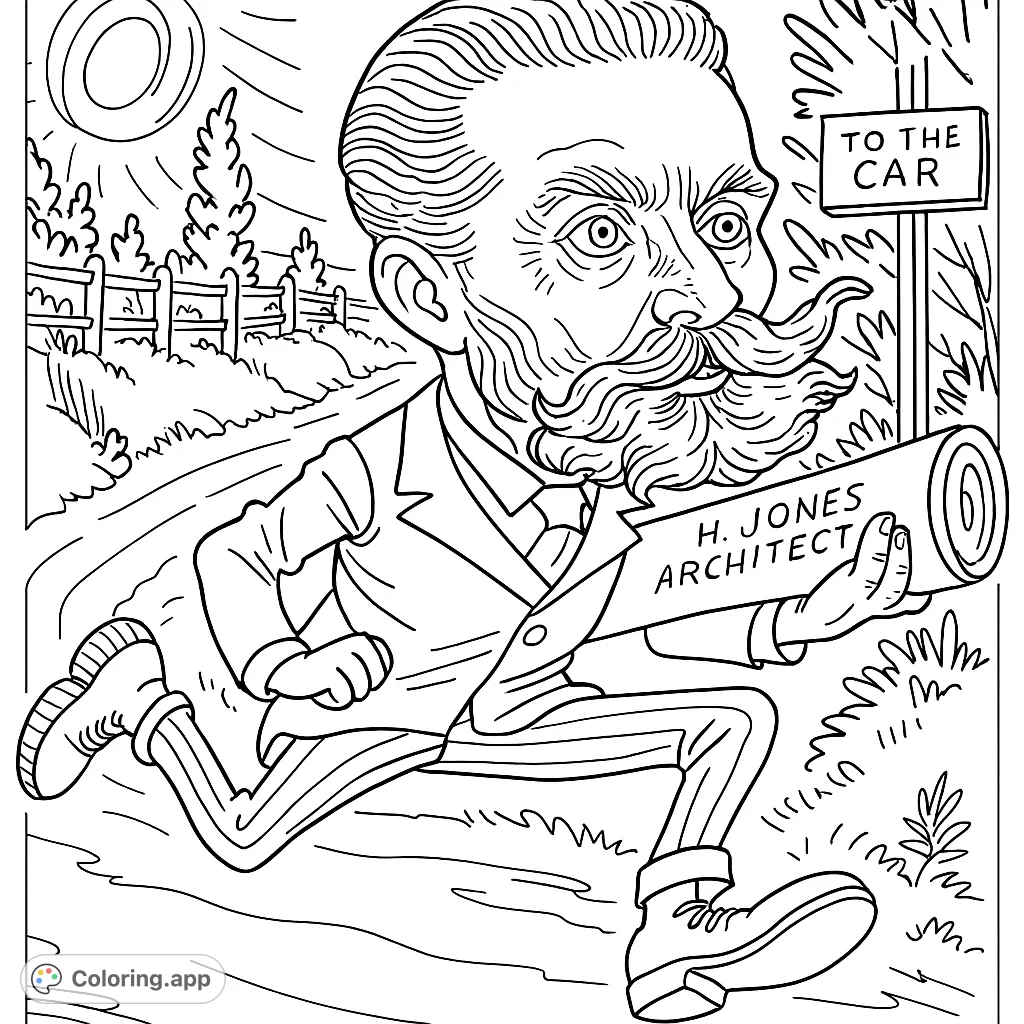 An expressive architect caricature dashes along a road, hat flying, holding blueprints. A dynamic vintage-style running architect coloring page.