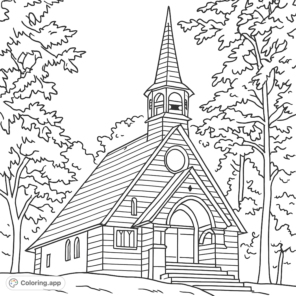 A charming rustic church with a tall steeple nestled among lush trees, offering a peaceful and inviting scene for a delightful coloring experience.