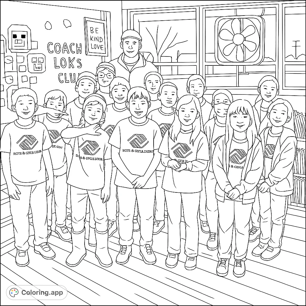A group of kids and their coach pose for a photo in their Boys and Girls Club shirts. A fun coloring page for kids who love their club!