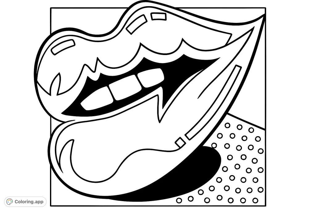 Dynamic pop art lips and teeth create a bold, expressive coloring page. Features geometric background shapes and a playful dot pattern.