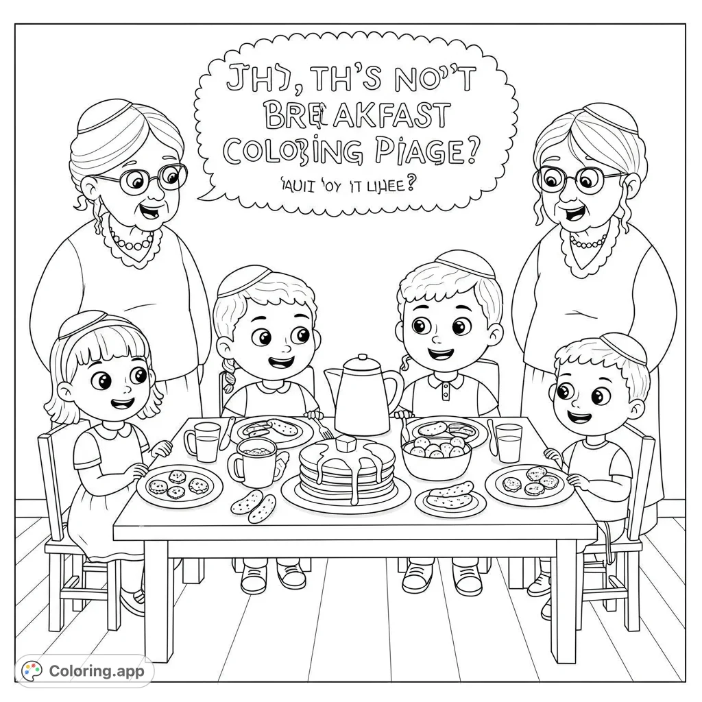 A heartwarming family breakfast scene featuring two grandmothers and four happy children enjoying pancakes and more. Perfect for a free printable coloring page.