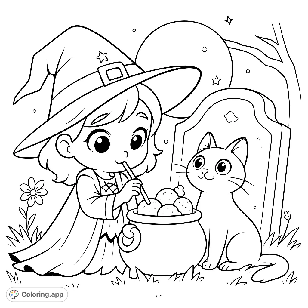 Chibi witch and black cat share a cauldron of ice cream under the moonlight. A cute Halloween coloring page for kids!