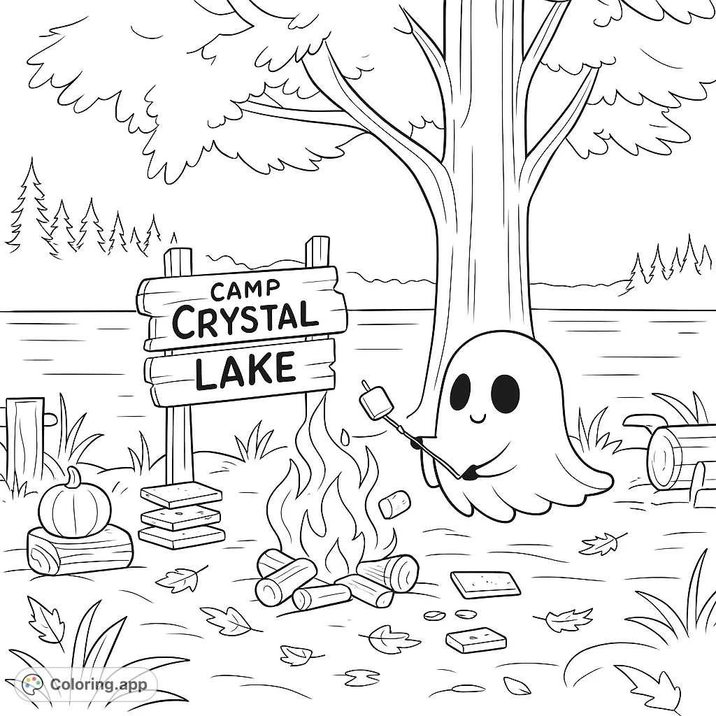 A friendly ghost roasts marshmallows by a campfire at Camp Crystal Lake, surrounded by autumn leaves and a serene lake. A fun, spooky camping scene.
