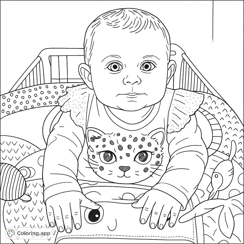 An adorable baby in a playpen, wearing a cute cat-themed shirt, surrounded by patterned toys. A charming free printable baby coloring page.
